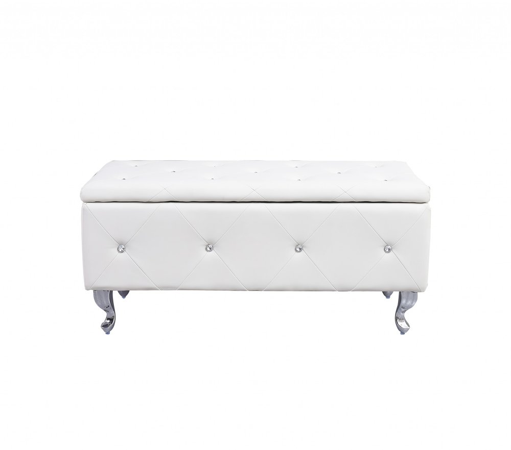 38" White and Silver Faux Leather Storage Bench With Flip Top