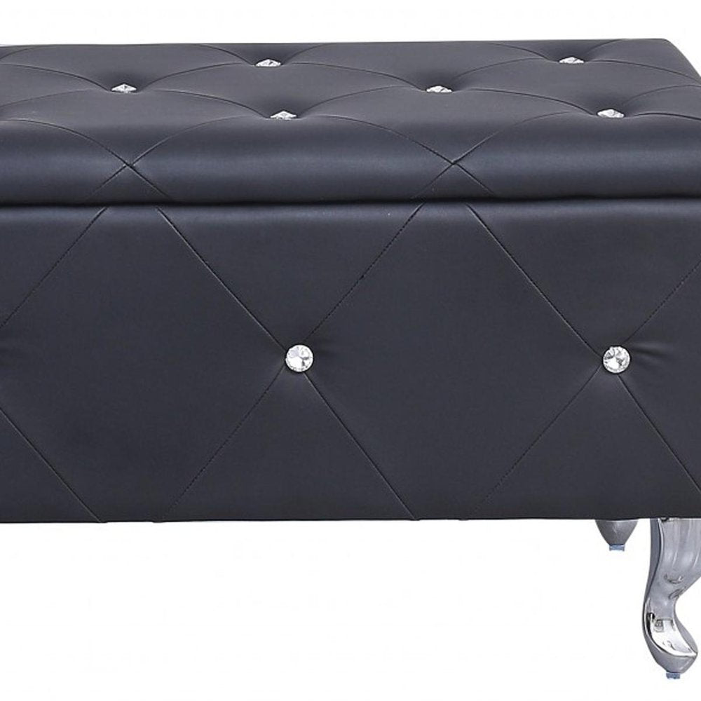 38" Black and Silver Faux Leather Storage Bench With Flip Top
