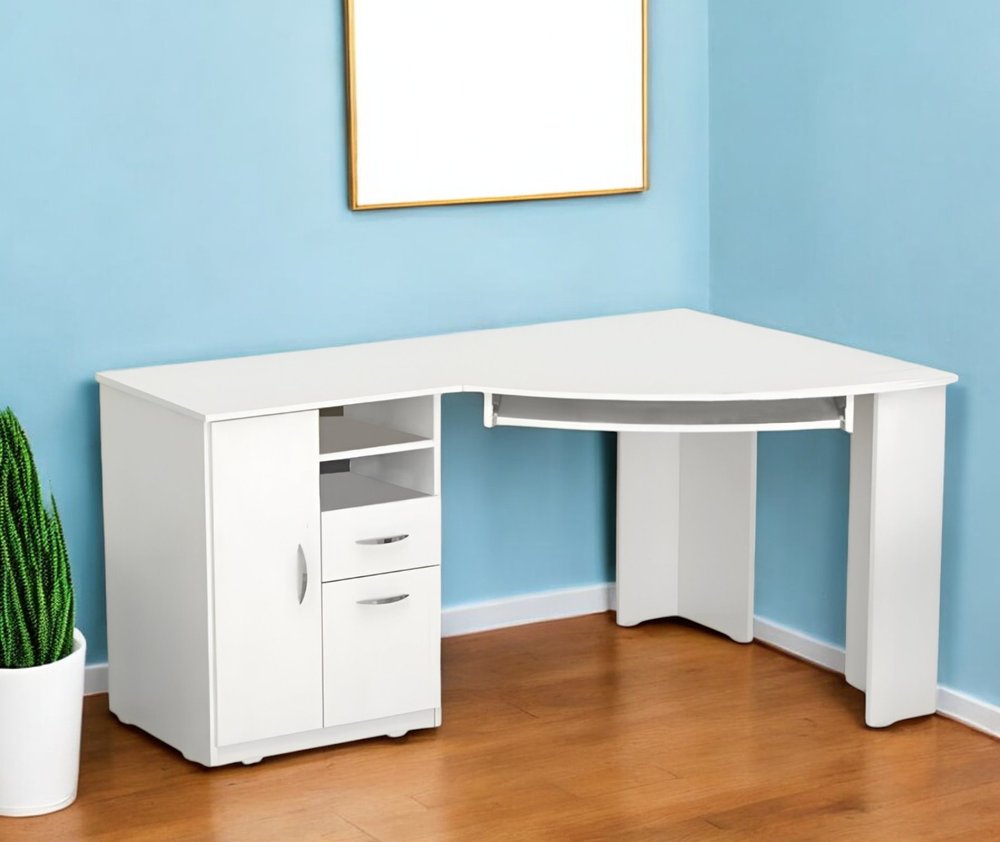 59" White Corner Computer Desk With Two Drawers