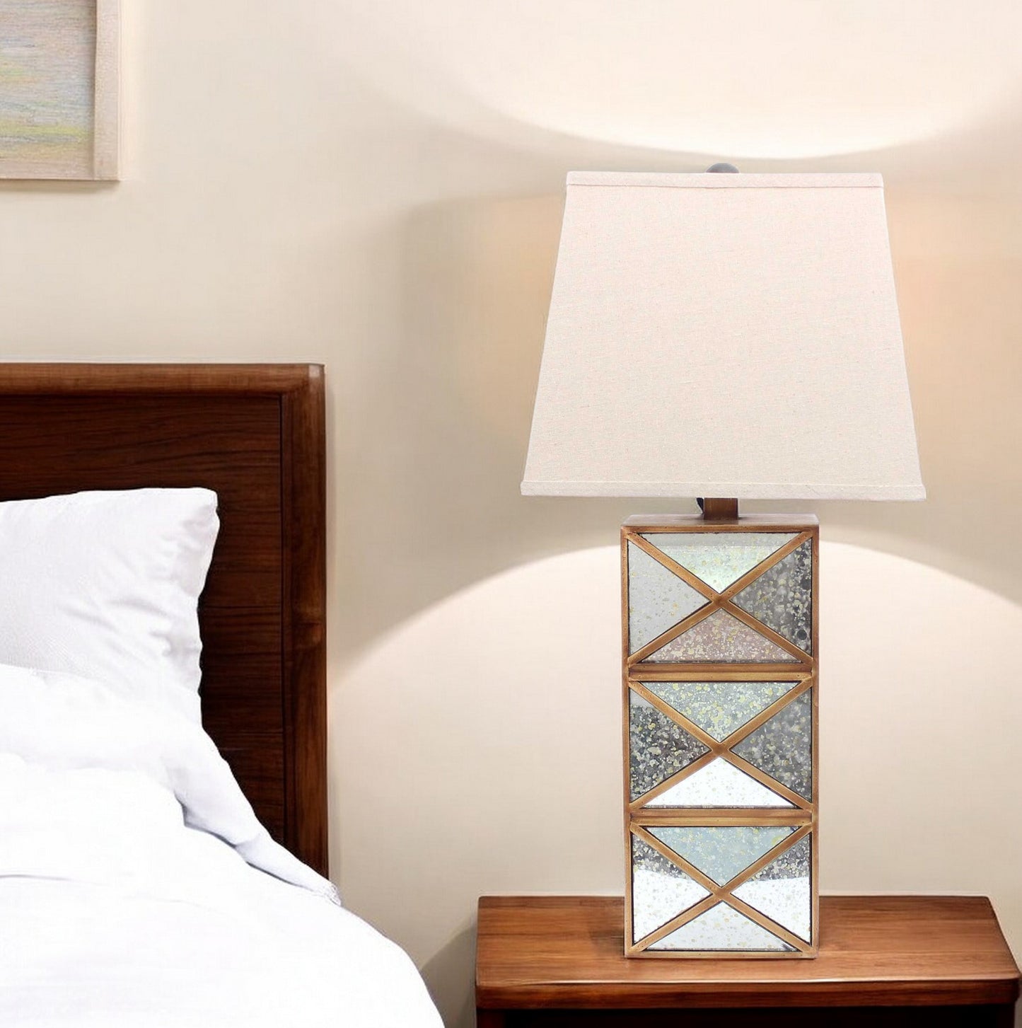 28" Distressed Gold And Silver Metal Bedside Lamp With Beige Shade