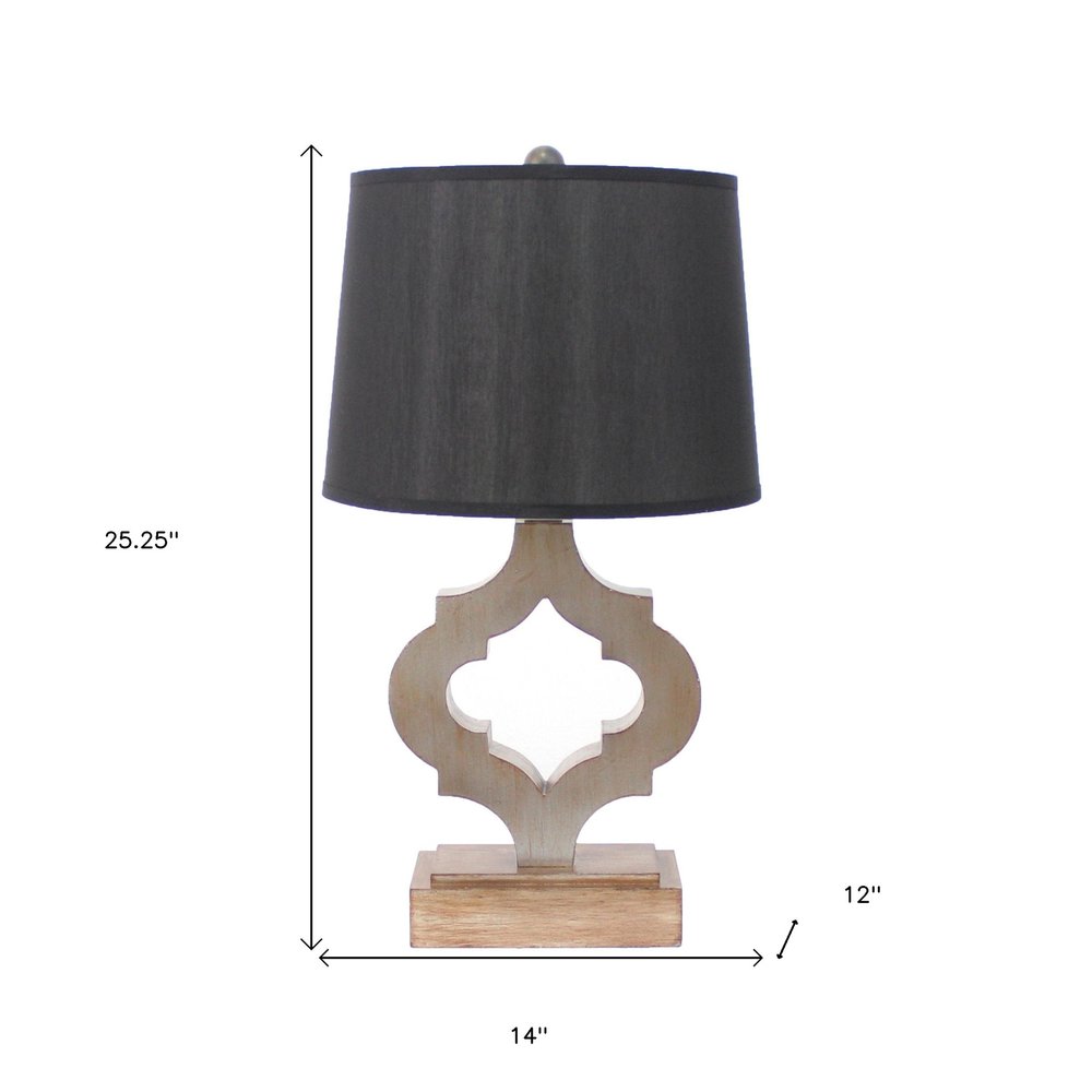 25" Distressed Brown Wood Novelty Bedside Lamp With Black Drum Shade
