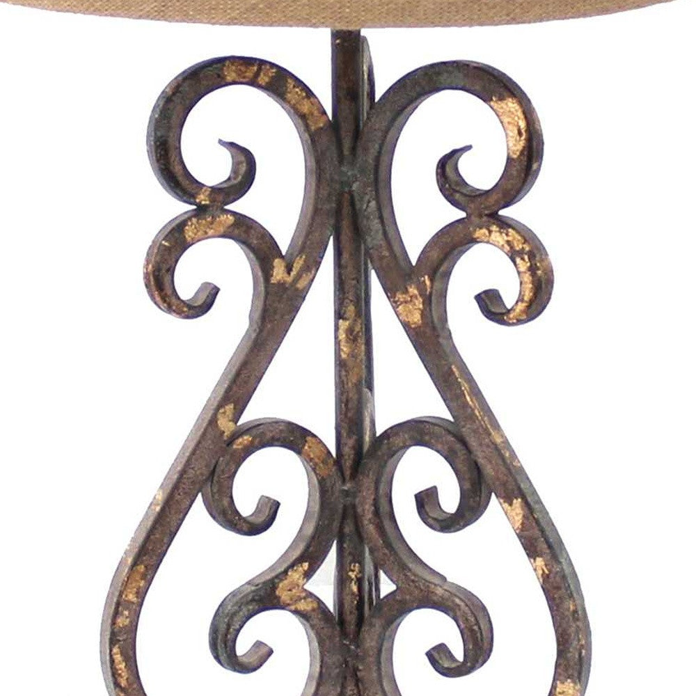 24" Distressed Bronze Metal Novelty Bedside Lamp With Khaki Drum Shade