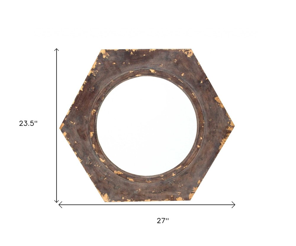 24" Bronze Hexagon Distressed Wood Framed Accent Mirror