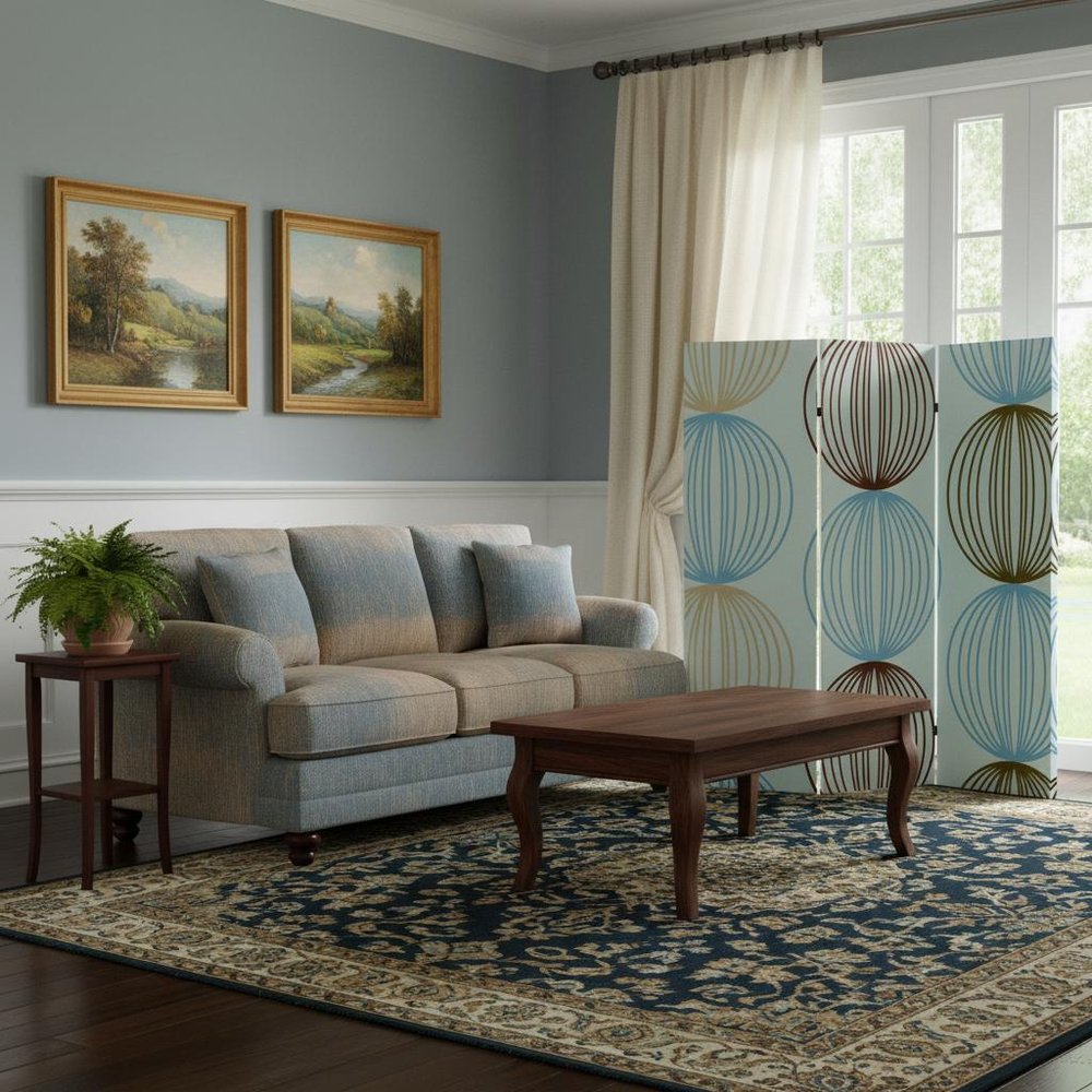 72" Blue Canvas Folding Three Panel Screen Room Divider