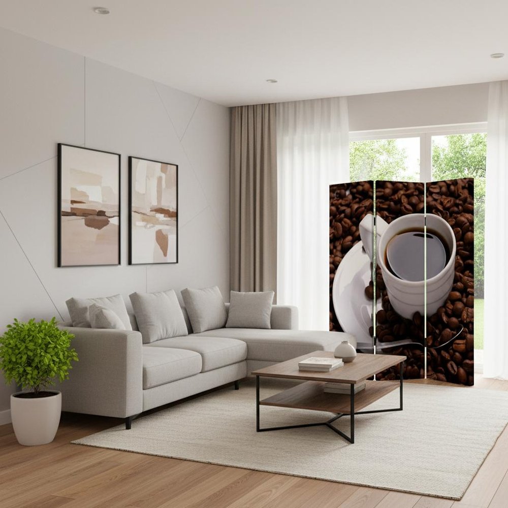 72" Brown Canvas Folding Three Panel Screen Room Divider
