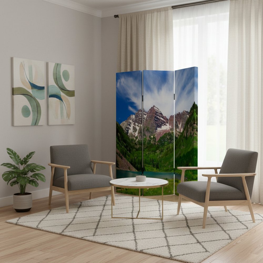 48 X 72 Multi Color Wood Canvas Mountain Peaks Screen