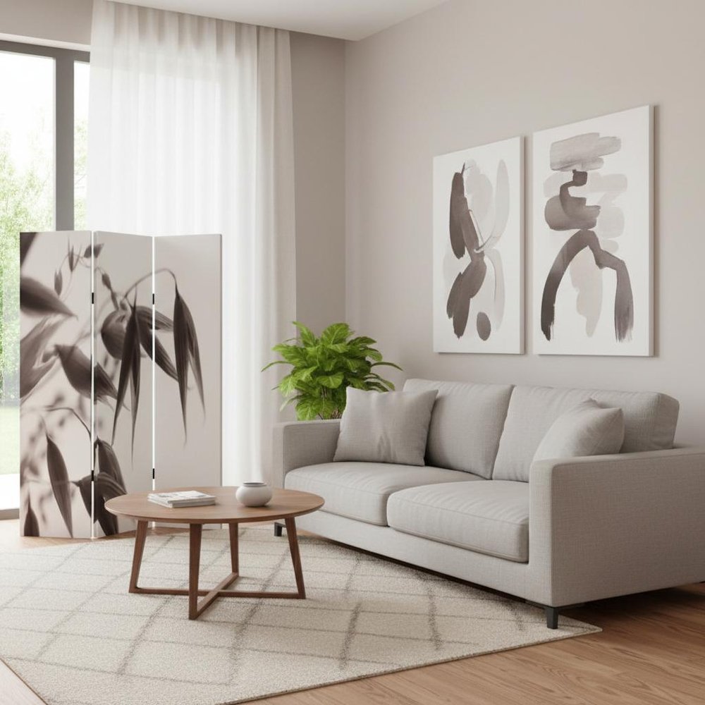 72" Gray Canvas Folding Three Panel Screen Room Divider