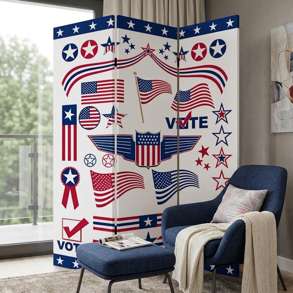 72" Blue and White Canvas Folding Three Panel Screen Room Divider