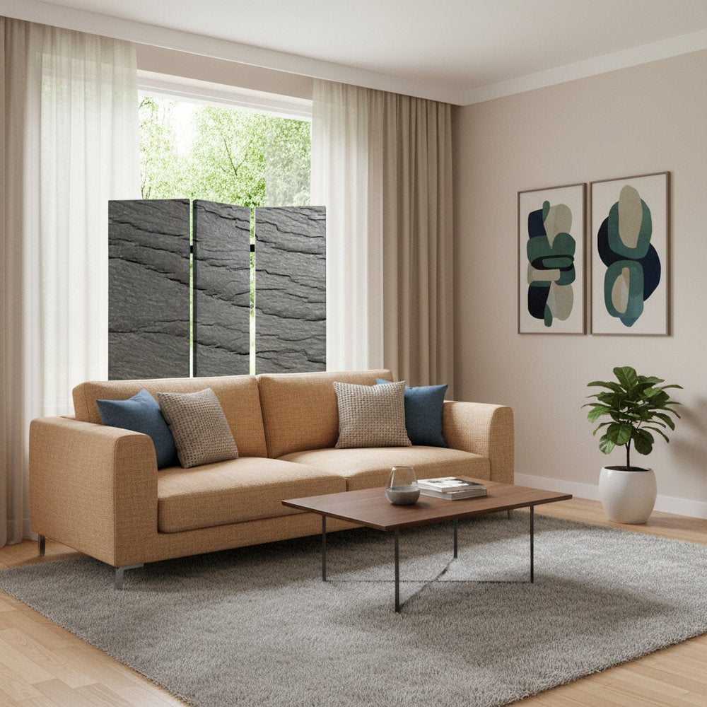 72" Gray Canvas Folding Three Panel Screen Room Divider