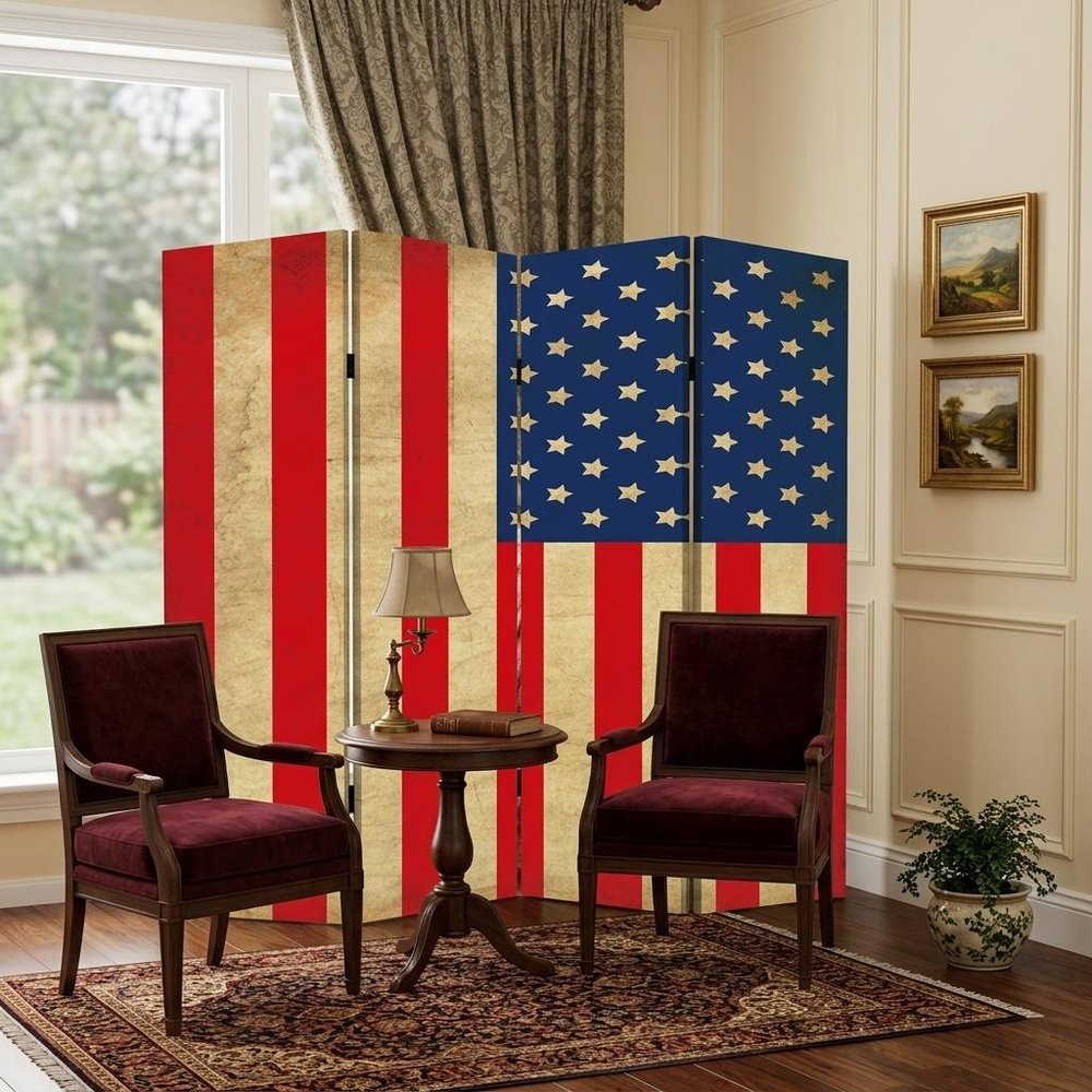 84" Red Natural And Blue American Flag Reversible Canvas Folding Four Panel Room Divider