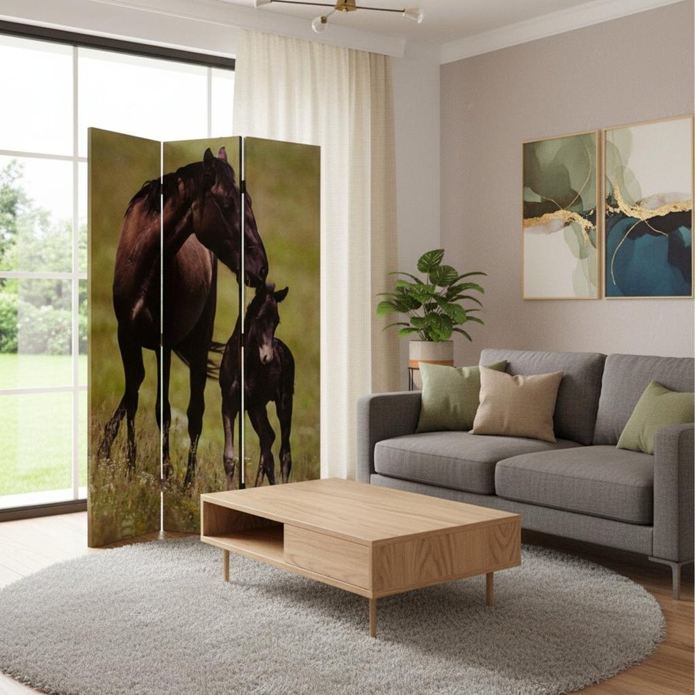72" Brown Canvas Folding Three Panel Screen Room Divider