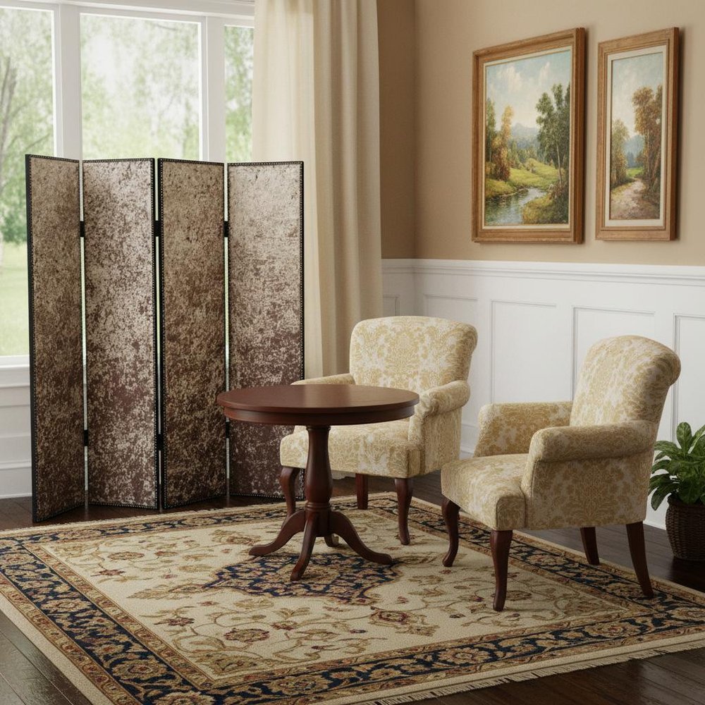 84" Tan Fabric Folding Four Panel Screen Room Divider