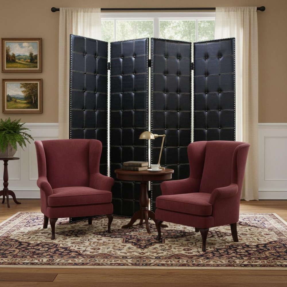 84" Black Faux Leather Folding Four Panel Screen Room Divider