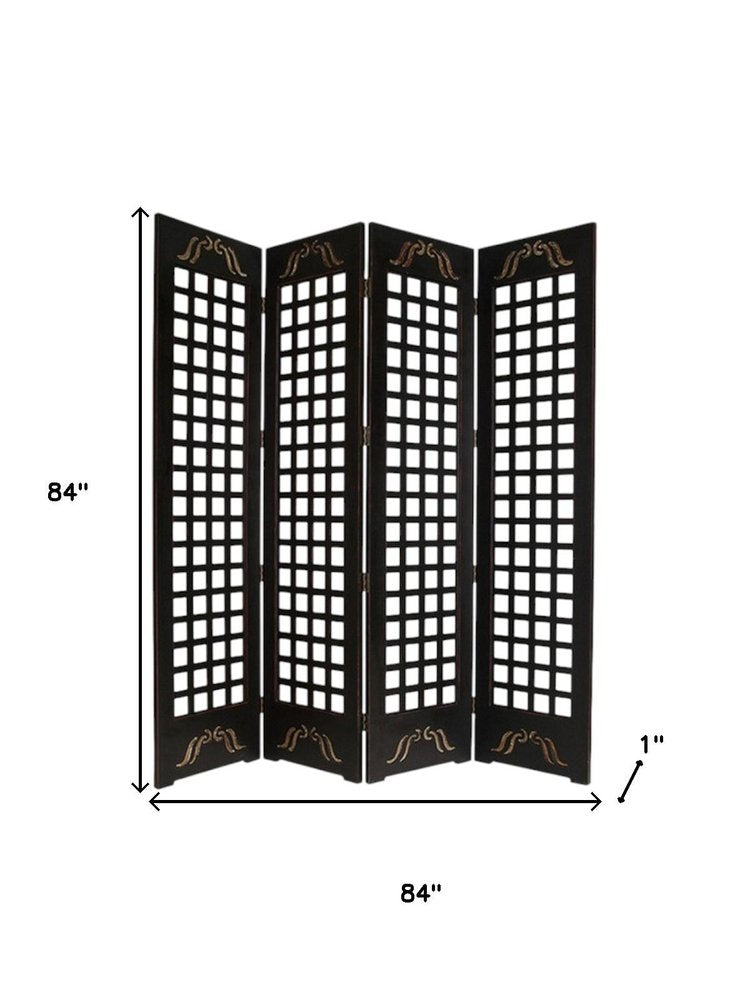 84" Brown Wood Folding Four Panel Screen Room Divider