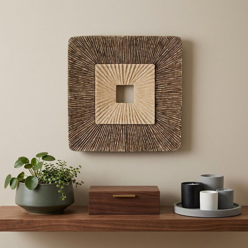 Set of Two Brown Abstract Geometric Sandstone Square Hanging Wall Decor