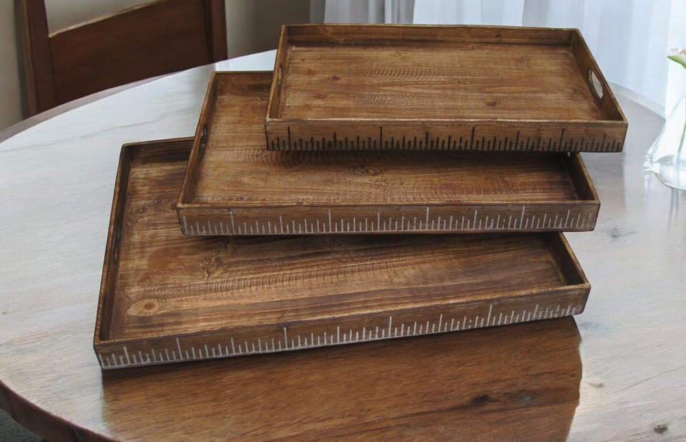 Set of Three Brown Wood Nesting Serving Trays