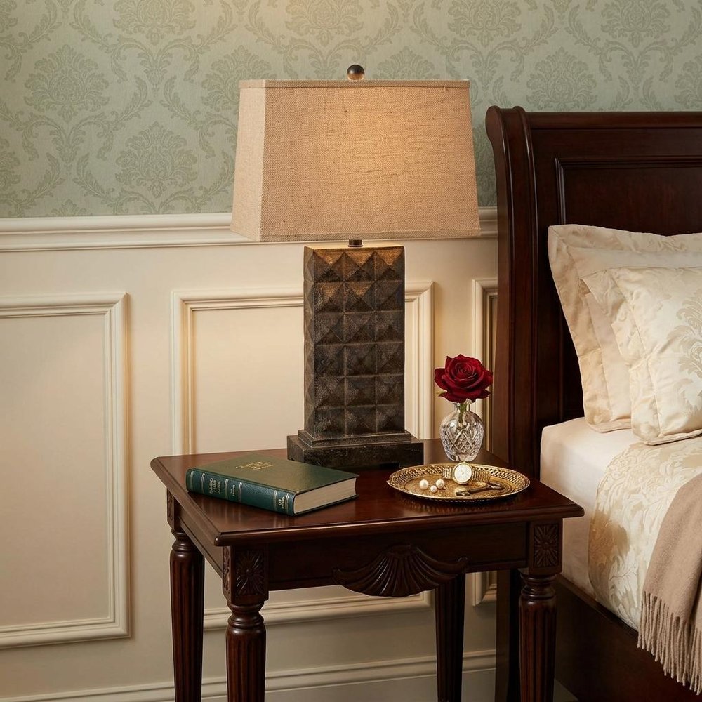 30" Distressed Bronze Metal Bedside Lamp With Khaki Shade