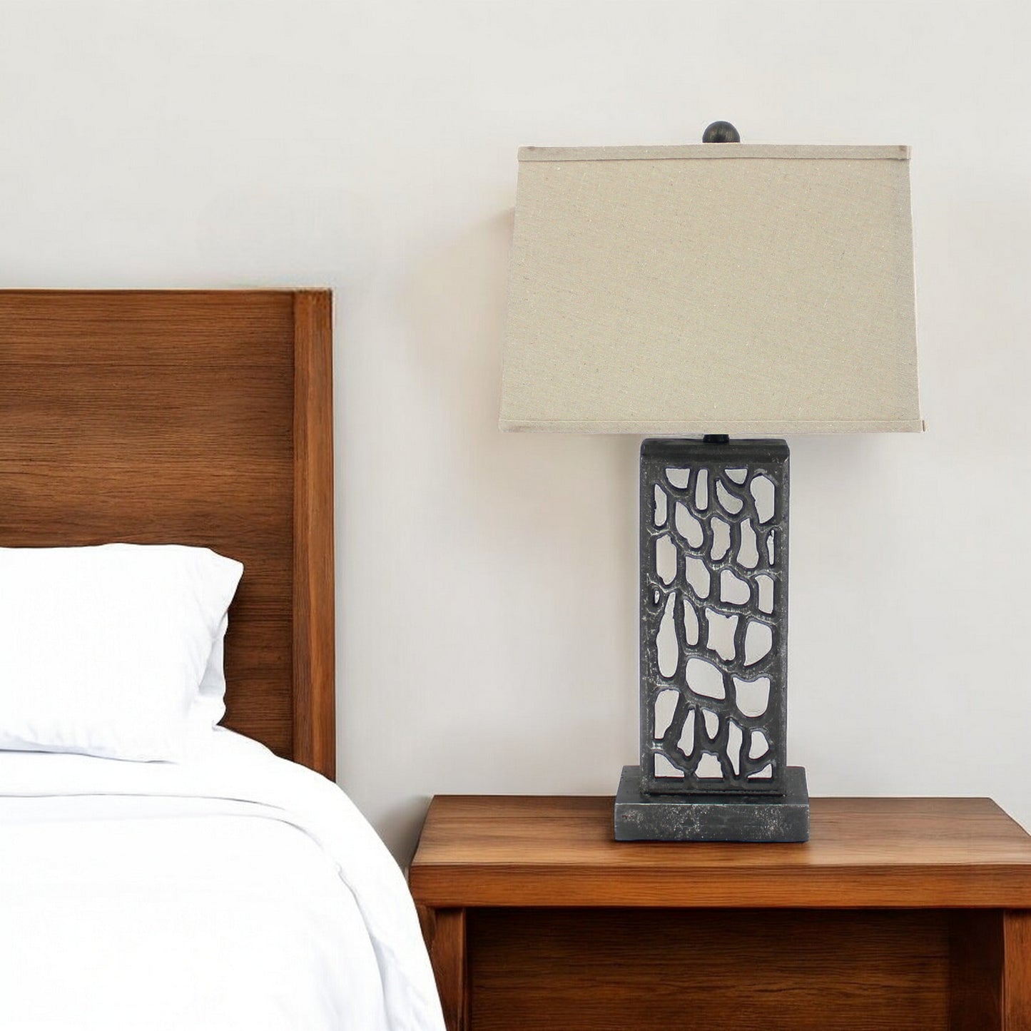 29" Distressed Black Metal Bedside Lamp With Beige Shade