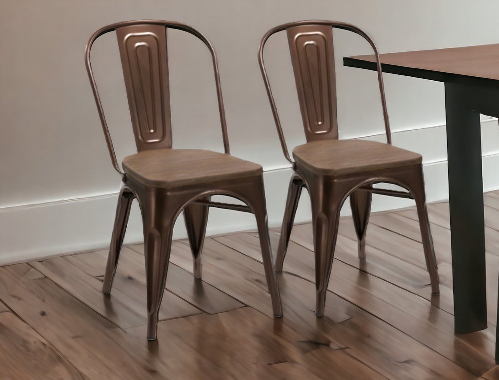 Set of Four Brown Upholstered Slat Back Dining Side Chairs