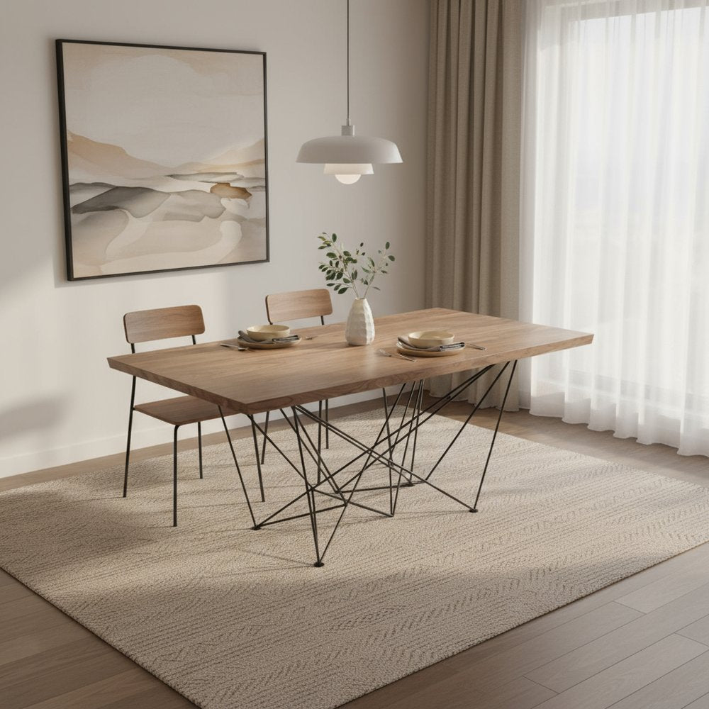 Light Brown And Black Solid Wood And Metal Dining Table
