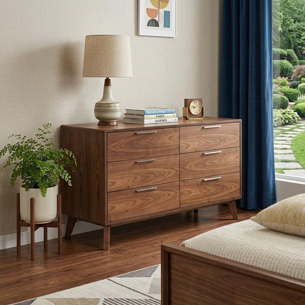 51" Brown Wood Six Drawer Double Dresser