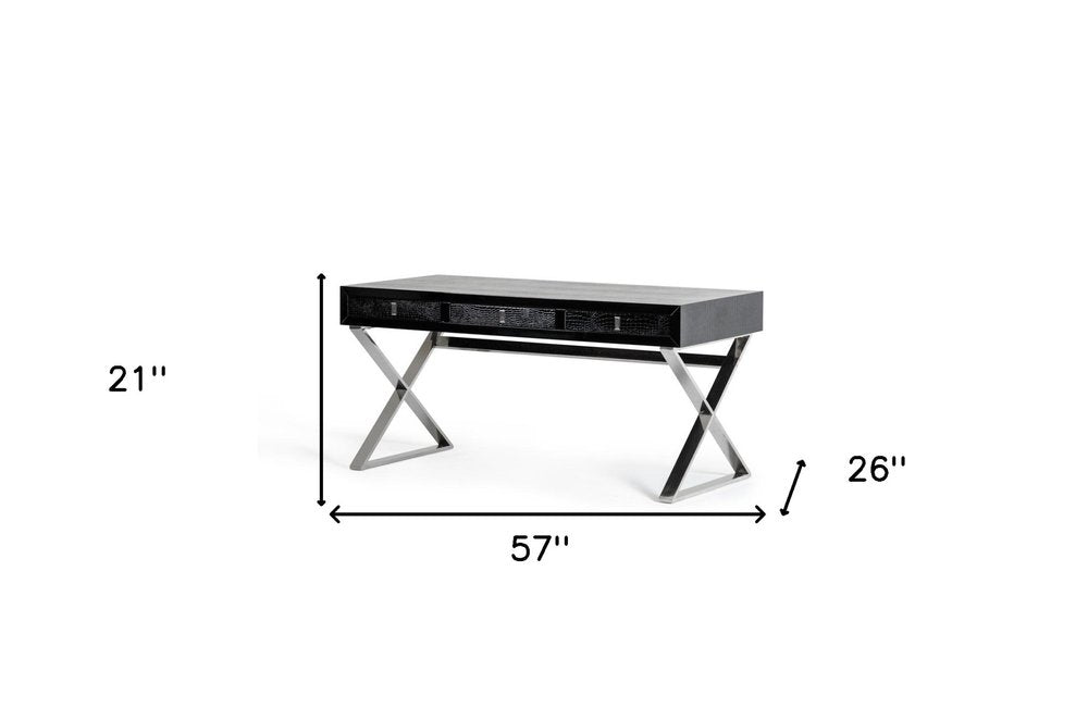57" Black and Silver Wood And Stainless Steel Cross Legs Coffee Table With Three Drawers