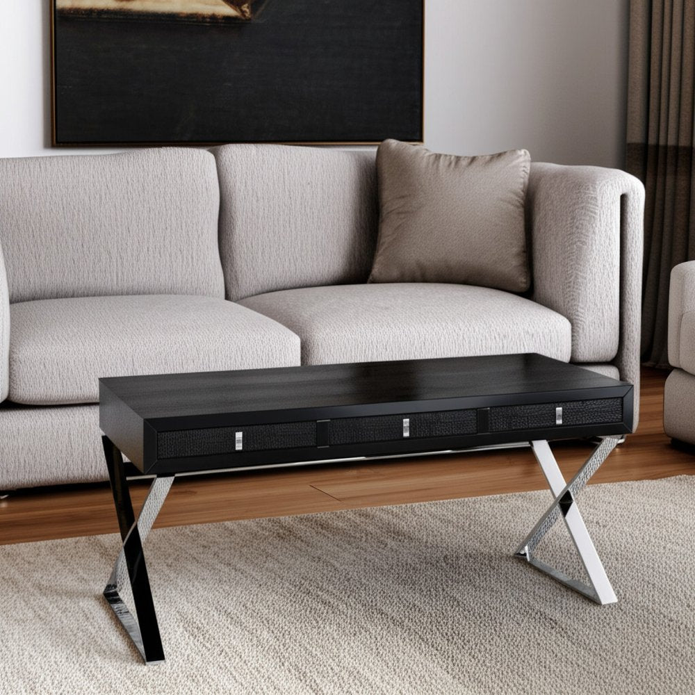 57" Black and Silver Wood And Stainless Steel Cross Legs Coffee Table With Three Drawers