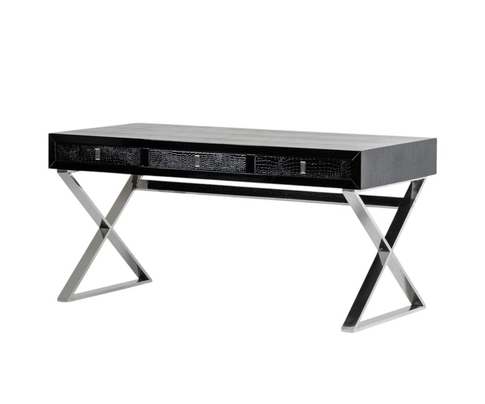 57" Black and Silver Wood And Stainless Steel Cross Legs Coffee Table With Three Drawers