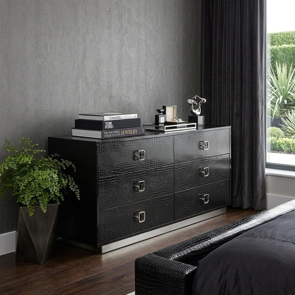 63" Black Wood Six Drawer Double Dresser