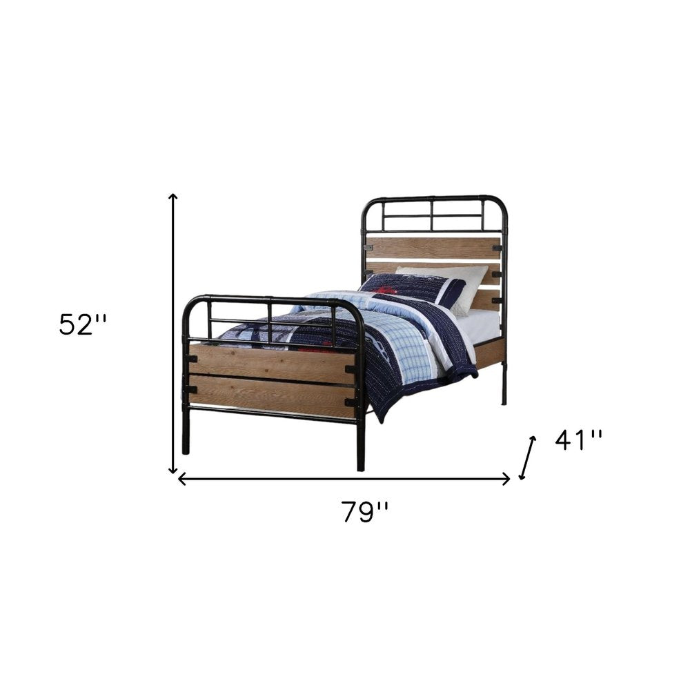 Black And Oak Shiplap Texture Wood and Metal Twin Bed Frame