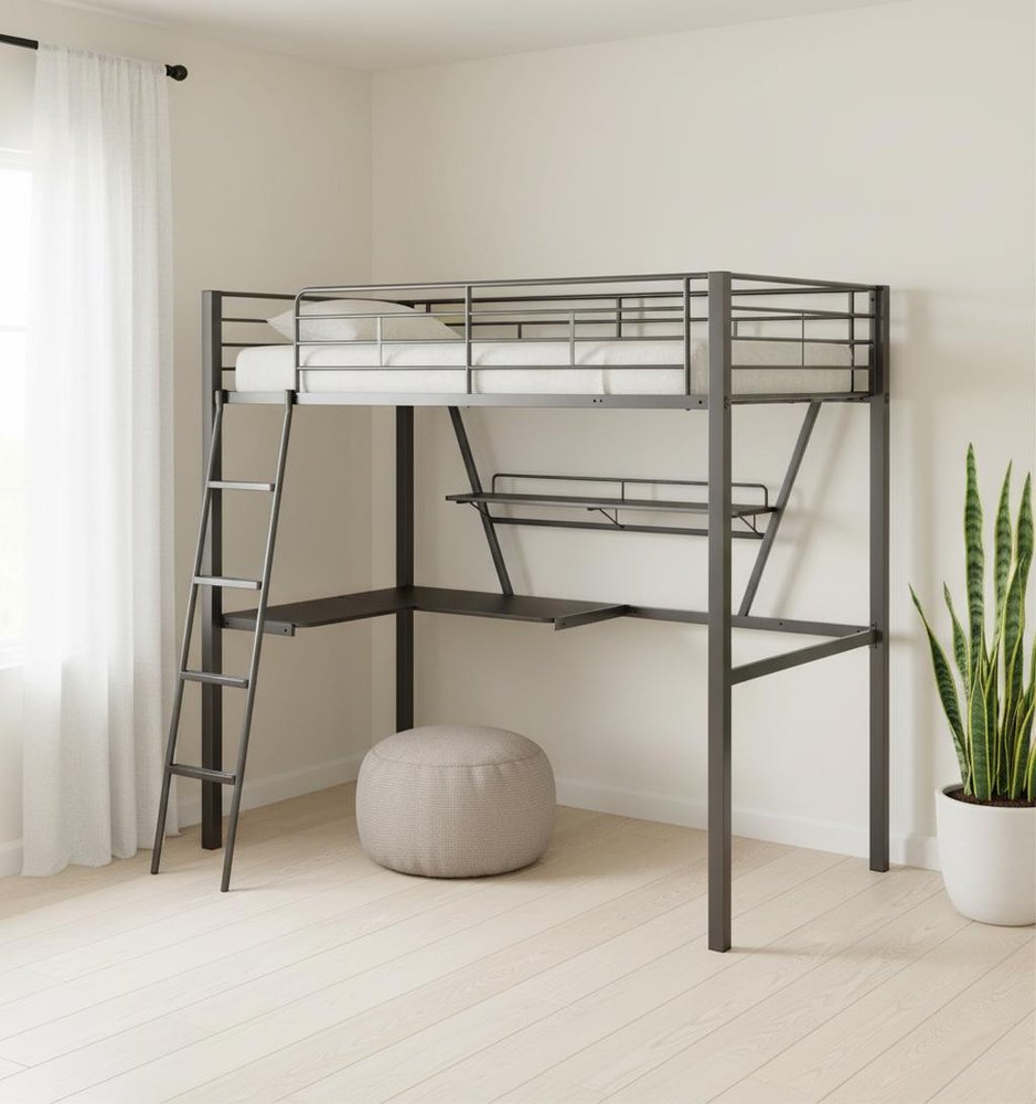 79" X 42" X 72" Silver And Black Metal Tube Loft Bed With Desk