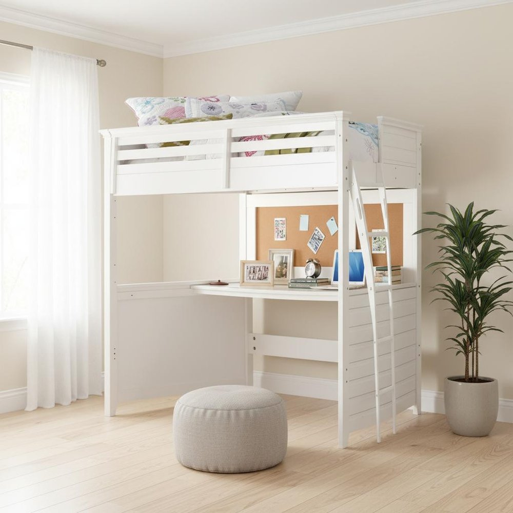 83" X 45" X 74" Twin White Poplar Wood Loft Bed With Desk