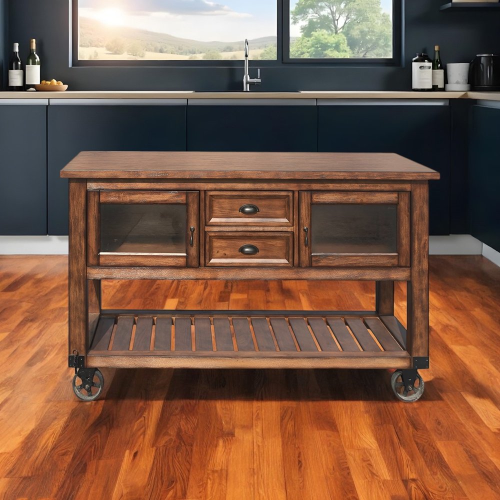 58" Rustic Brown Rolling Kitchen Cart With Storage