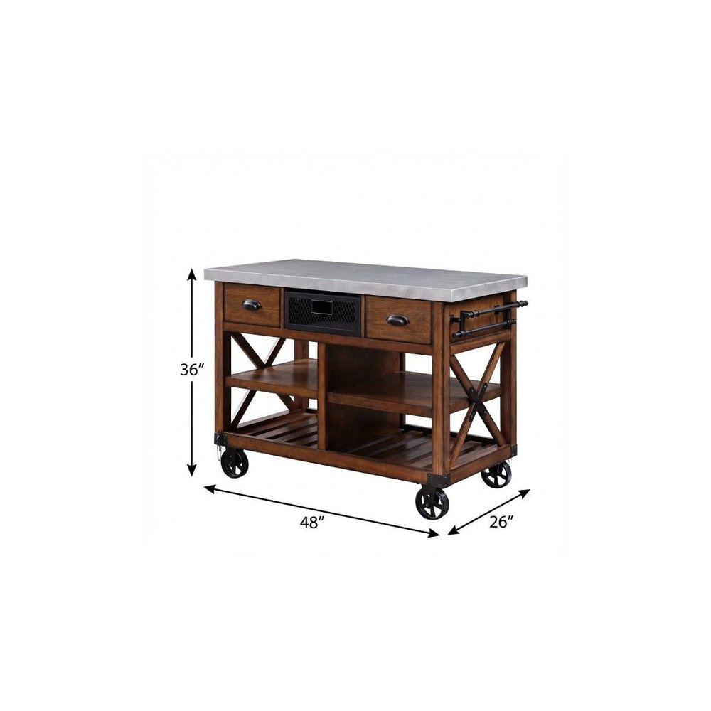 Brown And Silver 48" Rolling Kitchen Cart With Storage