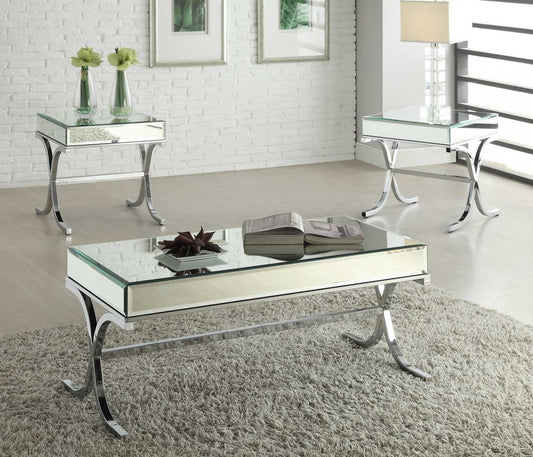 42" Clear and Silver Mirrored Glass And Iron Sled Coffee Table