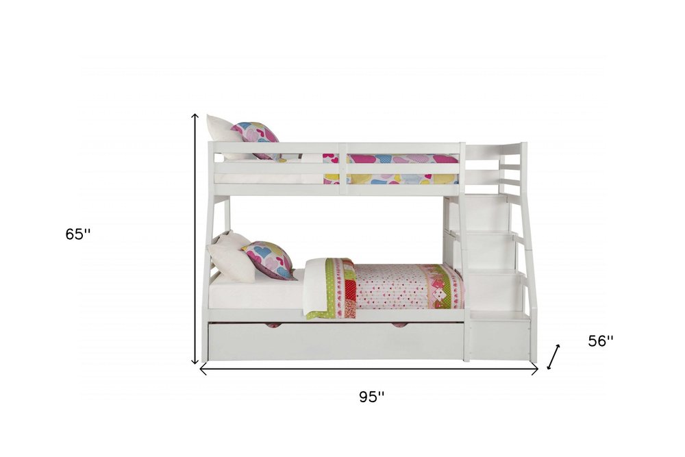 White Twin Over Full Solid Wood Bunk Bed With Stairs And Trundle And Storage