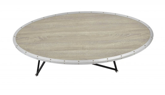 46" Natural and Black Wood And Iron Round Abstract Coffee Table