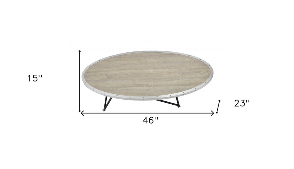 46" Natural and Black Wood And Iron Round Abstract Coffee Table