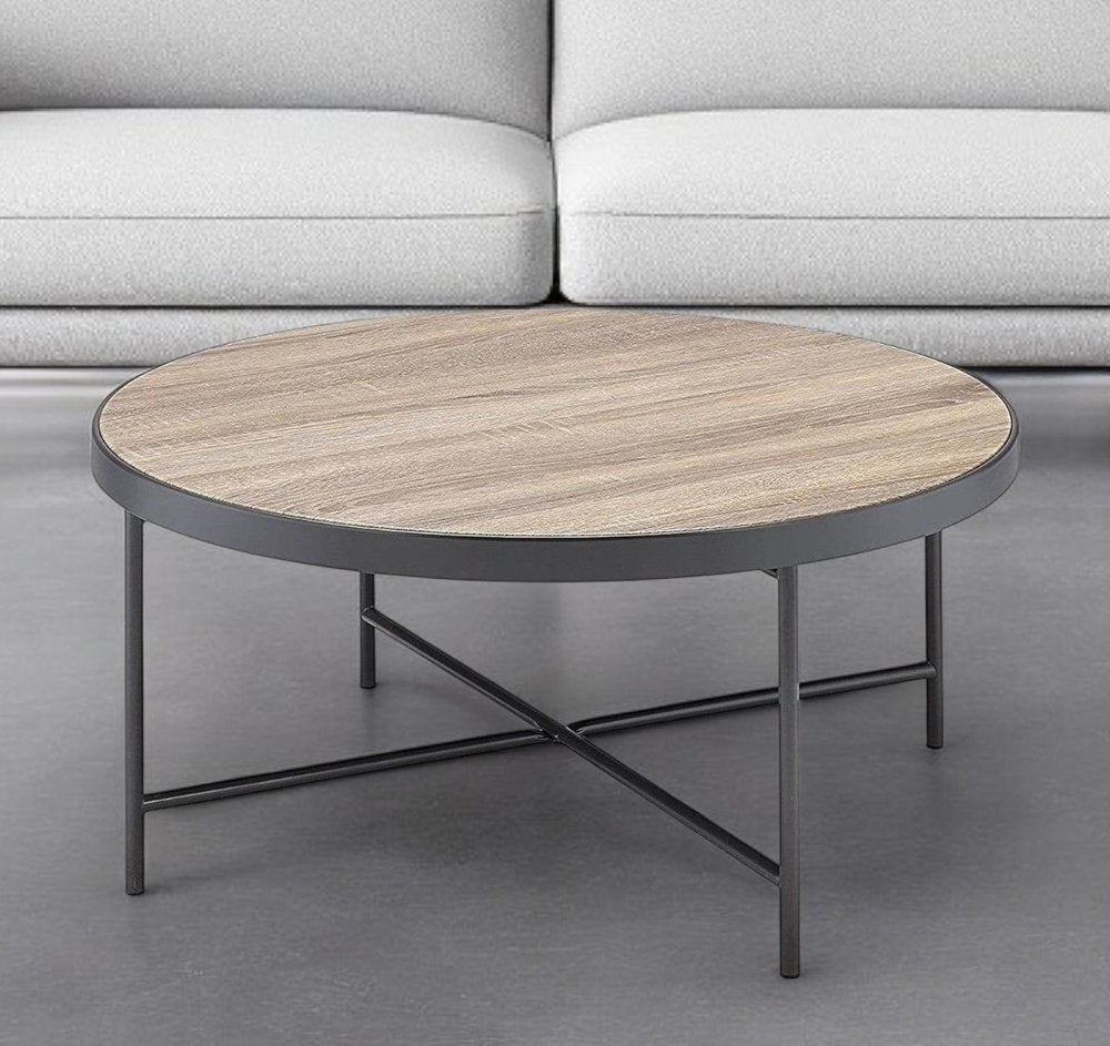 32" Brown and Black Wood And Iron Round Coffee Table