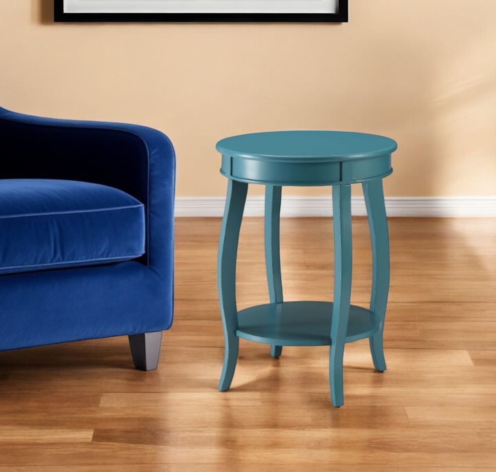 24" Teal Blue Solid Wood Round End Table With Shelf