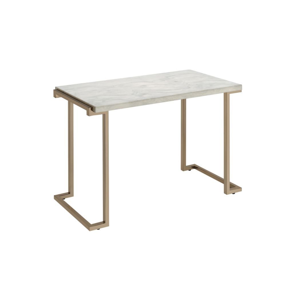 44" White and Gold Faux Marble And Iron Sled Coffee Table