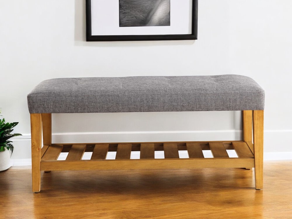 40" Light Gray and Brown Upholstered Polyester Bench with Shelves