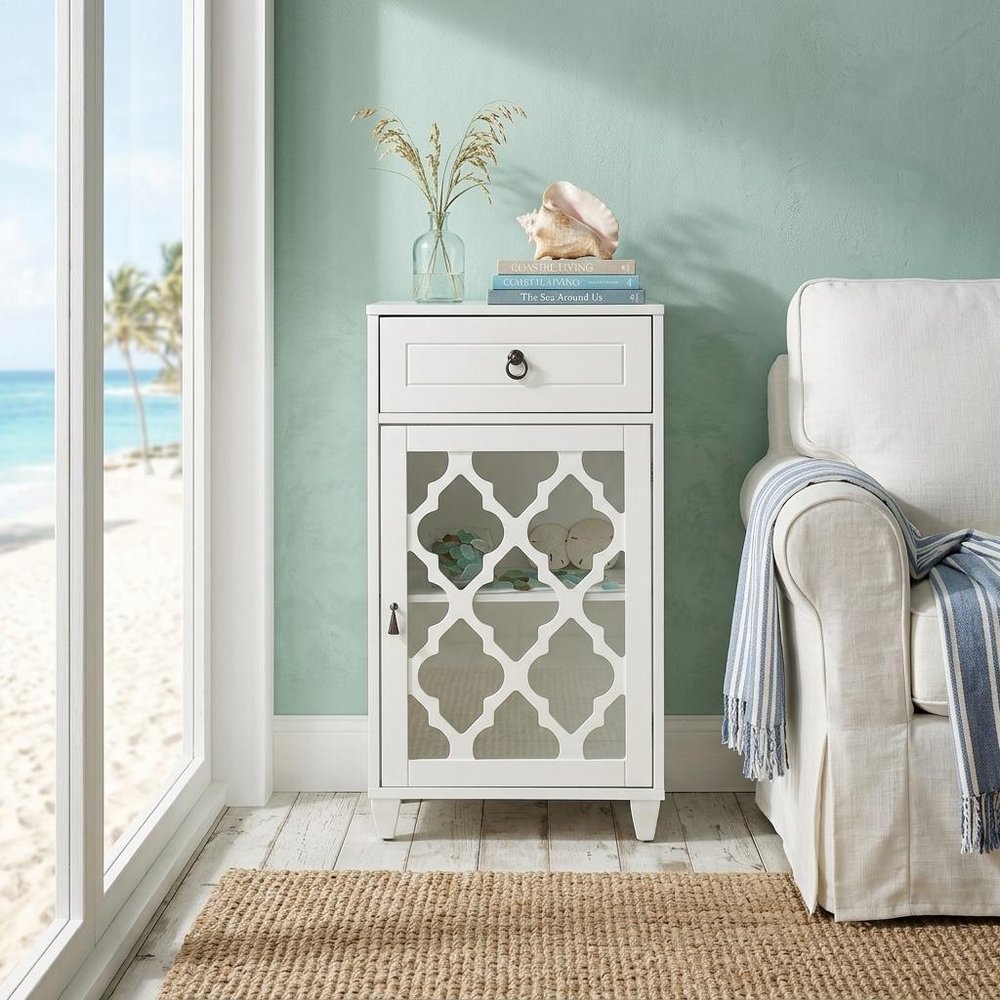 17" White Fret Work Design Glass Door Accent Cabinet