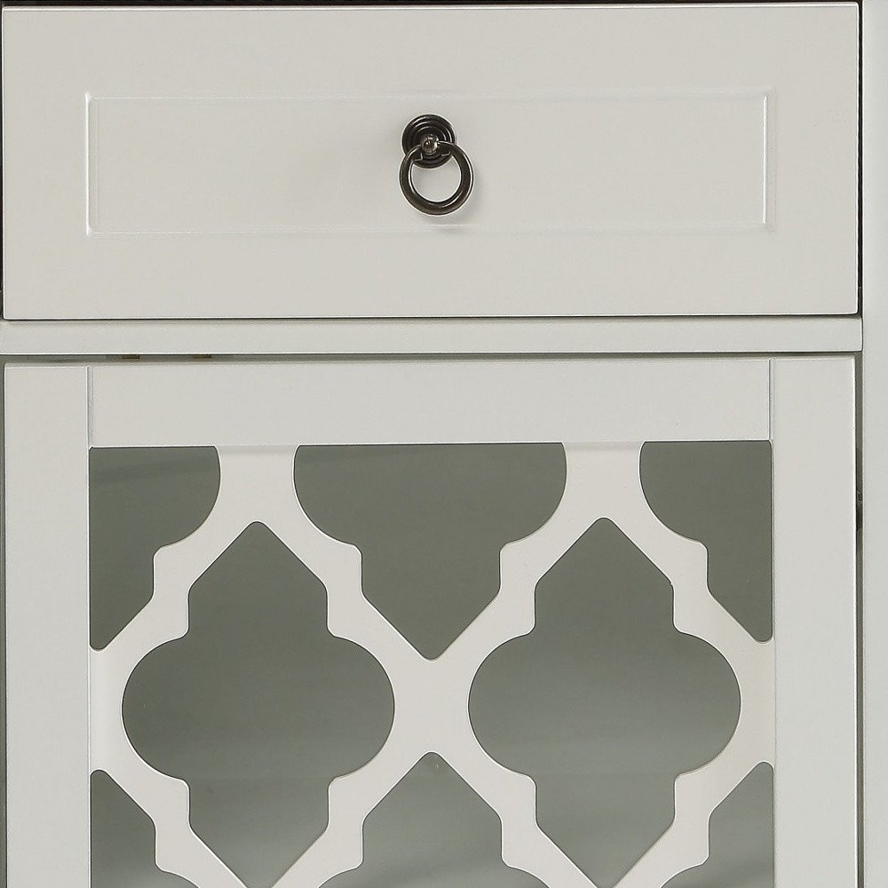 17" White Fret Work Design Glass Door Accent Cabinet
