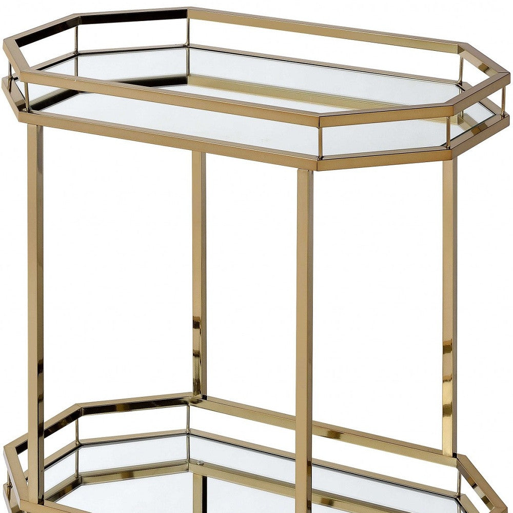 Champagne Finish Metal Serving Cart With 2 Mirror Shelves