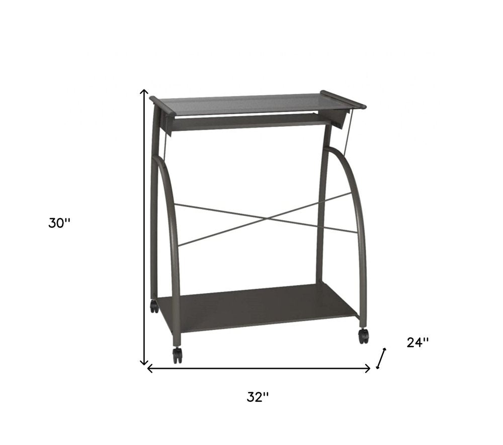 32" Clear and Silver Glass and Stainless Steel Mirrored Rolling Computer Desk