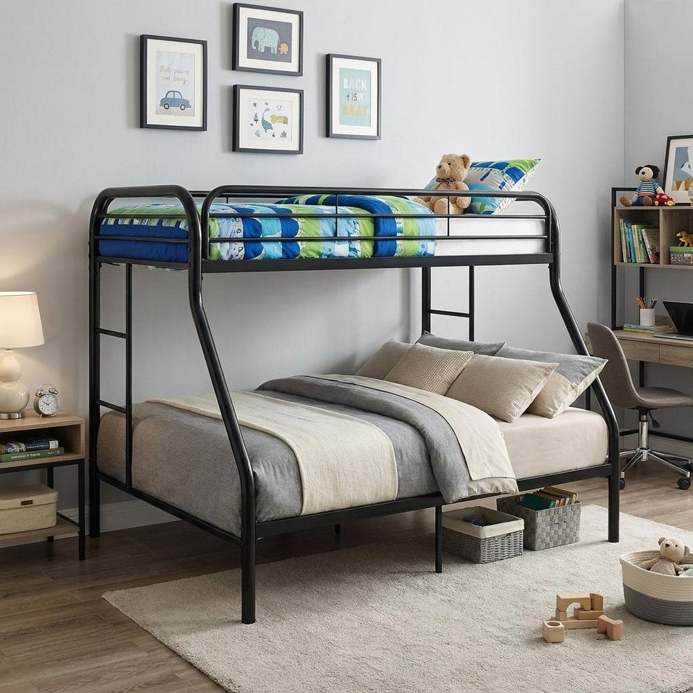 84" X 62" X 65" Twin Xl Over Queen Black Metal Tube Bunk Bed