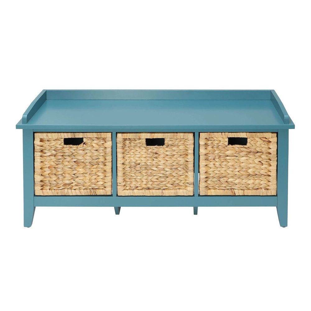 43" White Distressed Solid Wood Storage Bench with Baskets