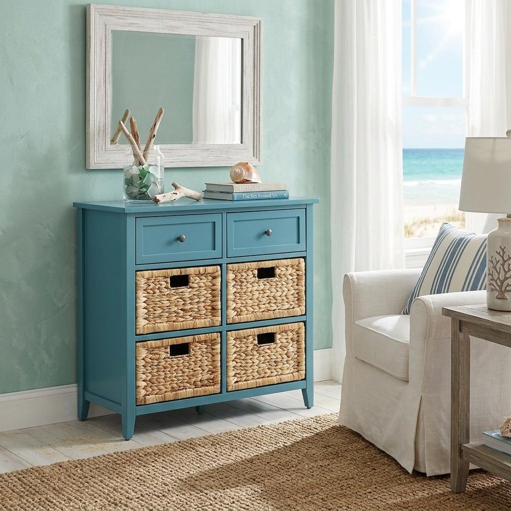 30" Teal Wood And Water Hyacinth Accent Cabinet With Six Drawers