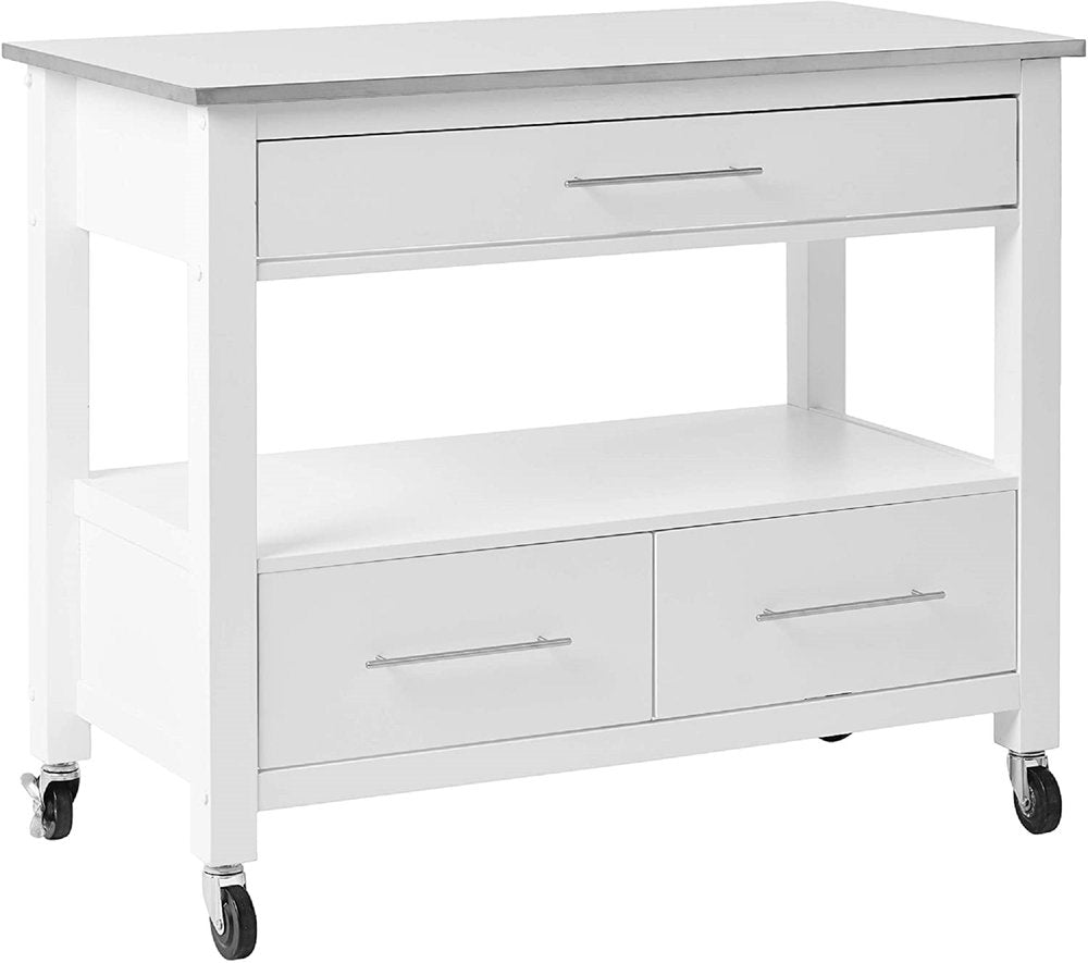 White and Silver 43" Rolling Kitchen Island With Storage